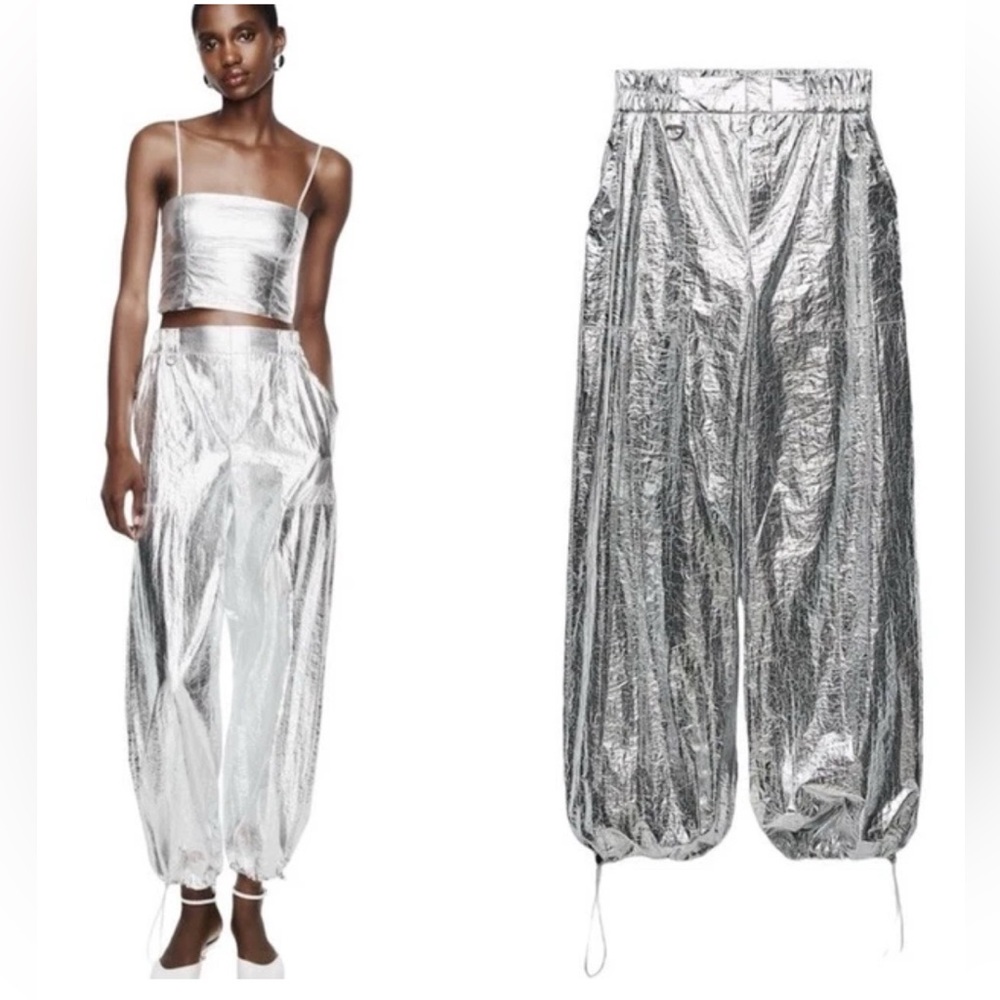 ZARA Metallic Silver Parachute Pant - NWT